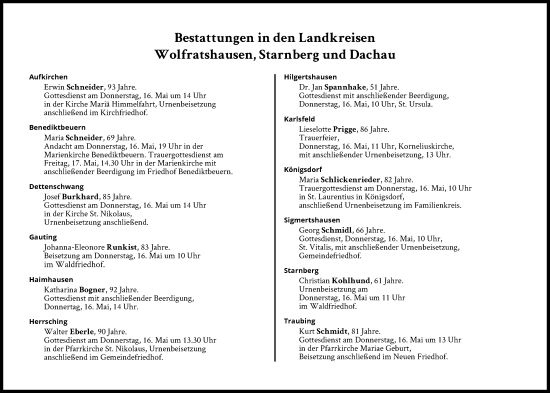 Traueranzeige von Bestattungen vom 16.05.2024 von Süddeutsche Zeitung
