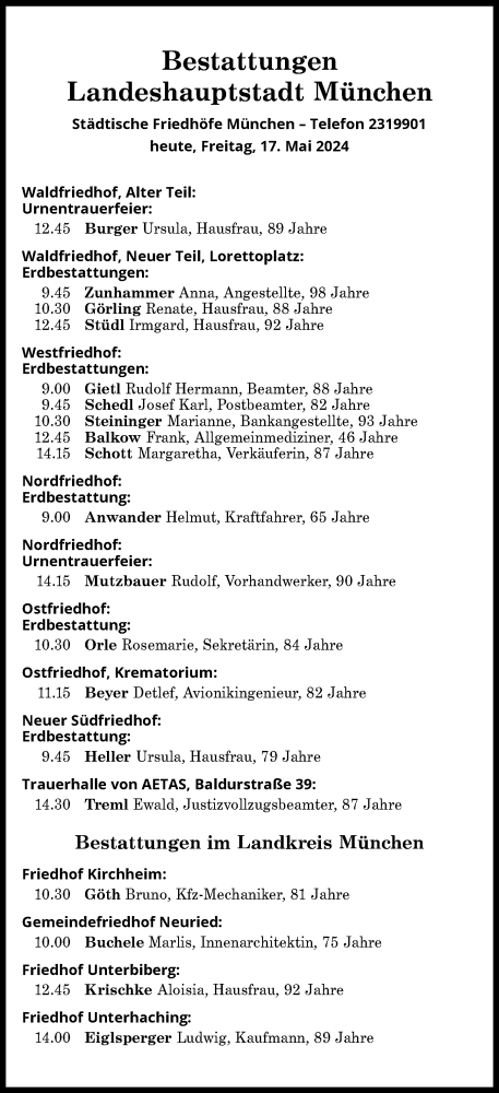Traueranzeige von Bestattungen vom 17.05.2024 von Süddeutsche Zeitung