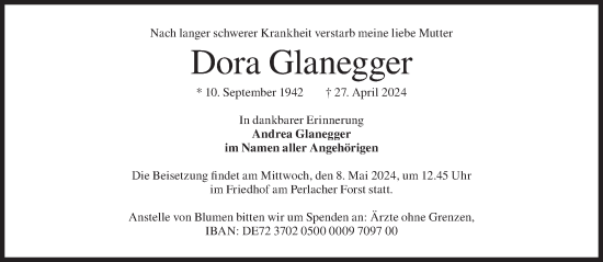 Traueranzeige von Dora Glanegger von Süddeutsche Zeitung