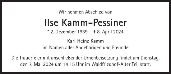 Traueranzeige von Ilse Kamm-Pessiner von Süddeutsche Zeitung