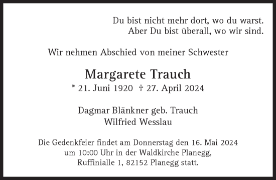 Traueranzeige von Margarete Trauch von Süddeutsche Zeitung