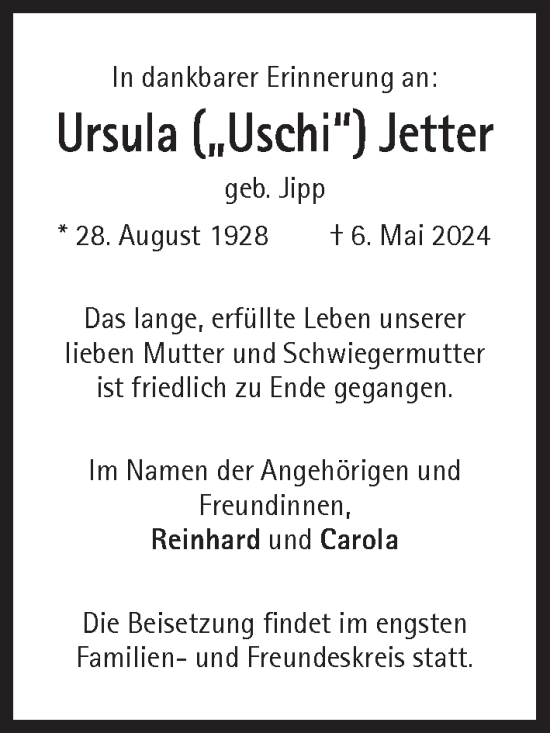 Traueranzeige von Ursula Jetter von Süddeutsche Zeitung