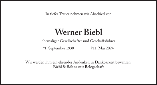 Traueranzeige von Werner Biebl von Süddeutsche Zeitung