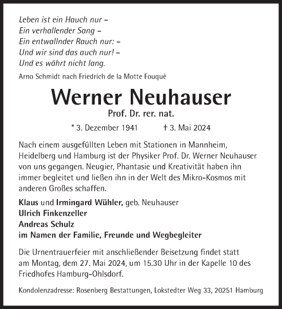 Traueranzeige von Werner Neuhauser von Süddeutsche Zeitung
