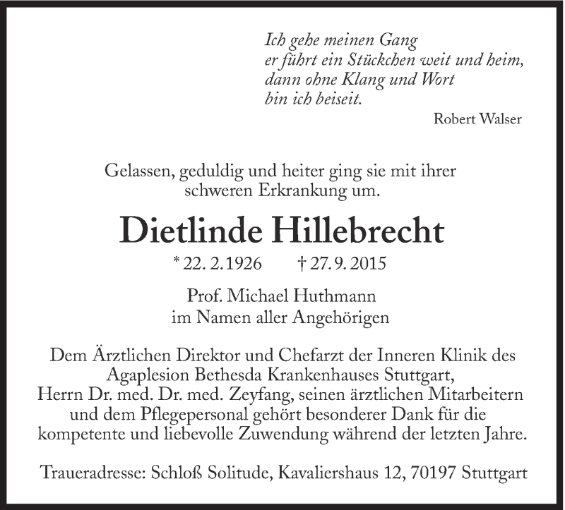  Traueranzeige für Dietlinde Hillebrecht vom 05.10.2015 aus Süddeutsche Zeitung