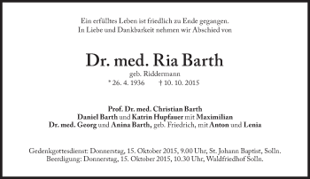 Traueranzeige von Ria Barth von Süddeutsche Zeitung