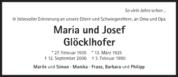 Traueranzeige von Maria und Josef Glöcklhofer von Süddeutsche Zeitung