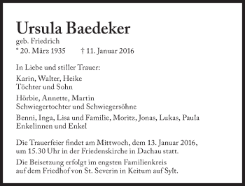 Traueranzeige von Ursula Baedeker von Süddeutsche Zeitung