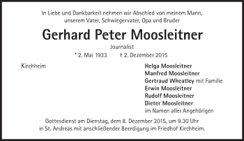 Traueranzeige von Gerhard Peter Moosleitner  von Süddeutsche Zeitung