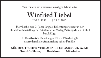 Traueranzeige von Winfried Liebel von Süddeutsche Zeitung