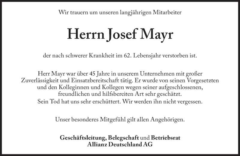  Traueranzeige für Josef Mayr vom 16.01.2015 aus Süddeutsche Zeitung