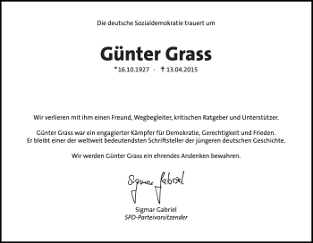 Traueranzeige von Günter Grass von Süddeutsche Zeitung