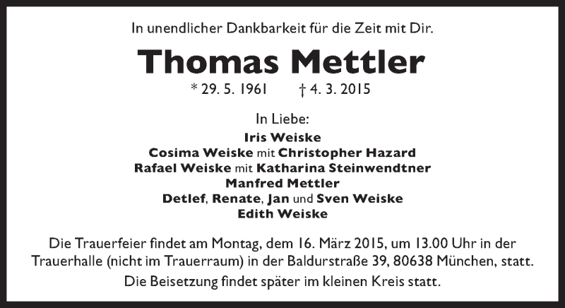  Traueranzeige für Thomas Mettler vom 14.03.2015 aus Süddeutsche Zeitung