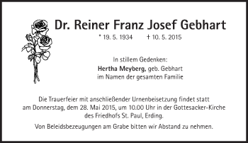 Traueranzeige von Reiner Franz Josef  Gebhart von Süddeutsche Zeitung