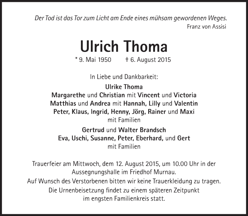  Traueranzeige für Ulrich Thoma vom 08.08.2015 aus Süddeutsche Zeitung