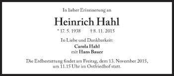 Traueranzeige von Heinrich Hahl von Süddeutsche Zeitung