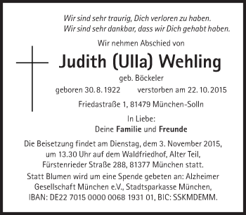Traueranzeige von Judith Wehling von Süddeutsche Zeitung