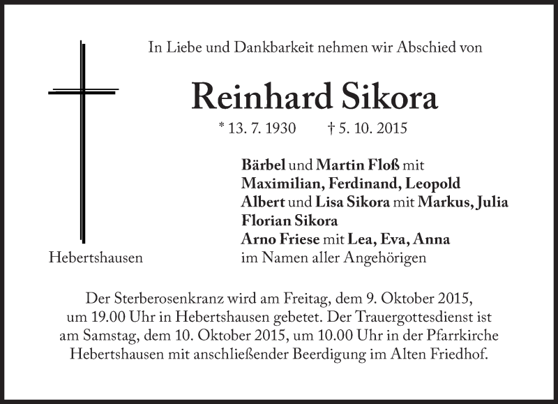  Traueranzeige für Reinhard Sikora vom 07.10.2015 aus Süddeutsche Zeitung