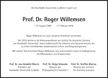 Traueranzeige von Roger Willemsen von Süddeutsche Zeitung