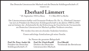Traueranzeige von Eberhard Lämmert von Süddeutsche Zeitung
