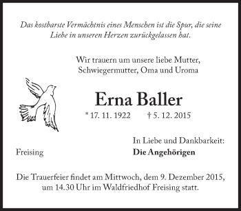 Traueranzeige von Erna Baller von Süddeutsche Zeitung