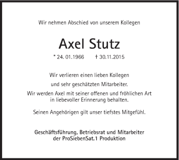 Traueranzeige von Axel Stutz von Süddeutsche Zeitung