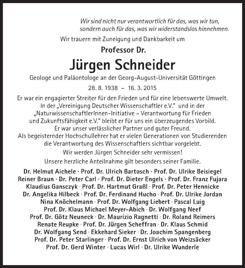  Traueranzeige für Jürgen Schneider vom 28.03.2015 aus Süddeutsche Zeitung