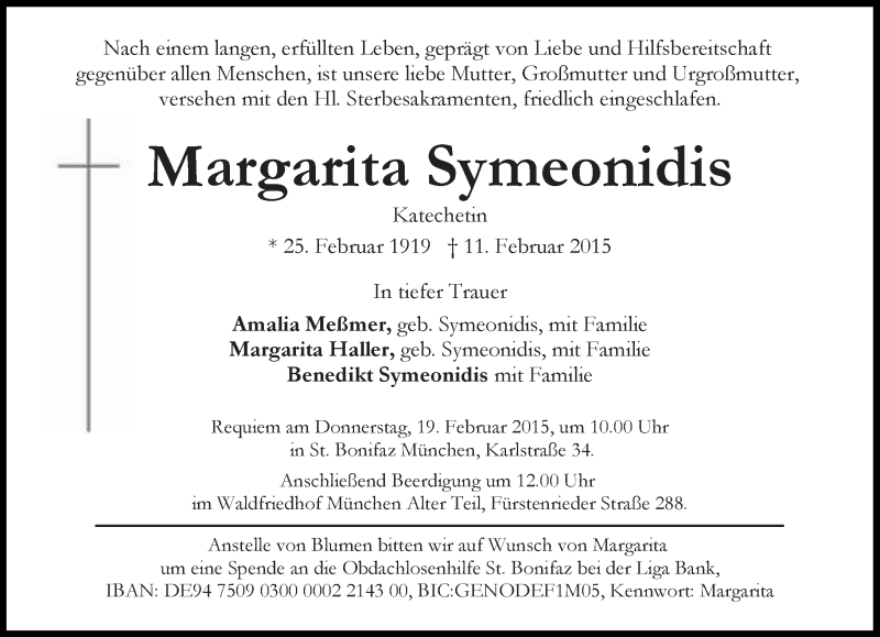  Traueranzeige für Margarita Symeonidis vom 14.02.2015 aus Süddeutsche Zeitung