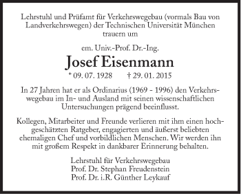 Traueranzeige von Josef Eisenmann von Süddeutsche Zeitung