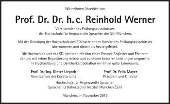 Traueranzeige von Reinhold Werner von Süddeutsche Zeitung