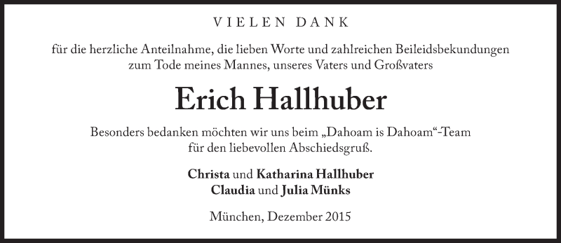  Traueranzeige für Erich  Hallhuber vom 08.12.2015 aus Süddeutsche Zeitung