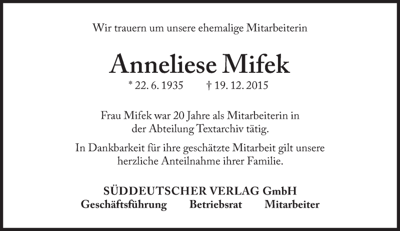  Traueranzeige für Anneliese Mifek vom 29.12.2015 aus Süddeutsche Zeitung