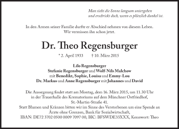 Traueranzeige von Theo Regensburger von Süddeutsche Zeitung