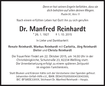 Traueranzeige von Manfred Reinhardt von Süddeutsche Zeitung