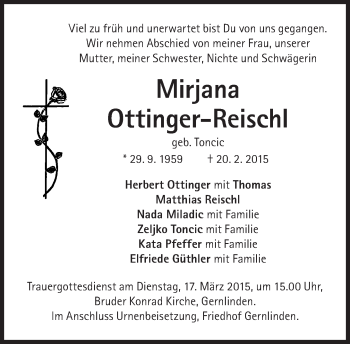 Traueranzeige von Mirjana Ottinger-Reischl von Süddeutsche Zeitung