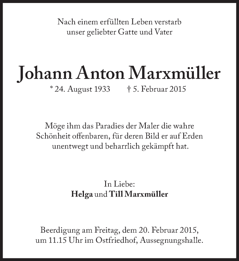  Traueranzeige für Johann Anton Marxmüller vom 18.02.2015 aus Süddeutsche Zeitung