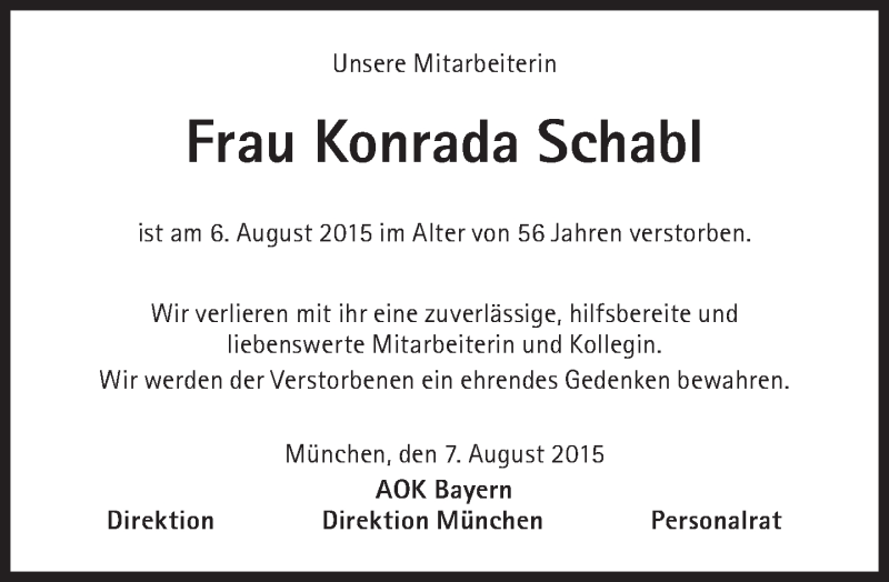  Traueranzeige für Konrada Schabl vom 08.08.2015 aus Süddeutsche Zeitung