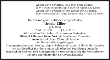 Traueranzeige von Ursula Ziller von Süddeutsche Zeitung