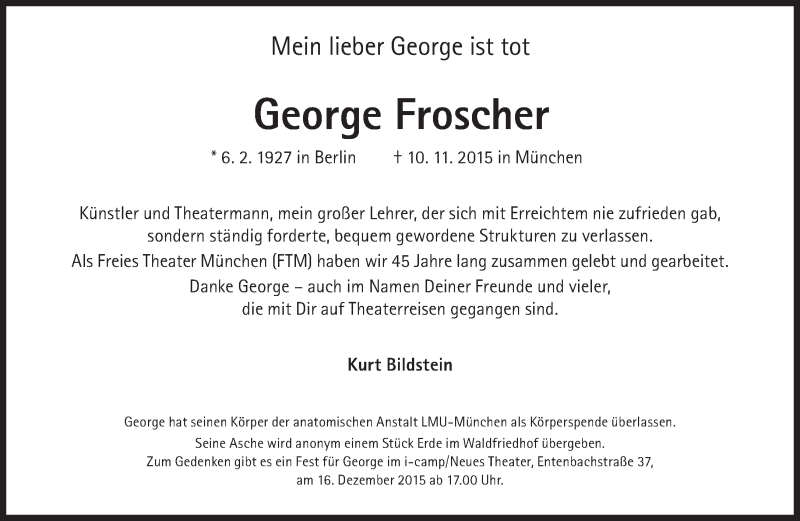  Traueranzeige für George Froscher vom 21.11.2015 aus Süddeutsche Zeitung