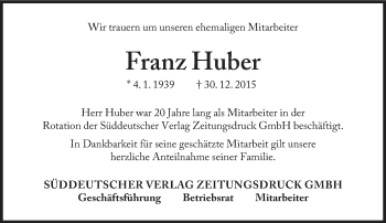 Traueranzeige von Franz Huber von Süddeutsche Zeitung