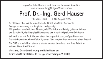 Traueranzeige von Prof. Dr.-Ing. Gerd Hauser von Süddeutsche Zeitung