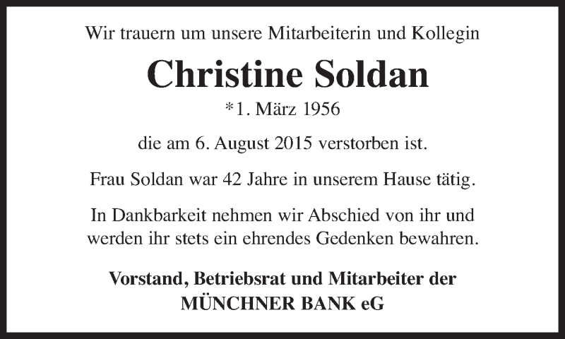  Traueranzeige für Christine Soldan vom 11.08.2015 aus Süddeutsche Zeitung