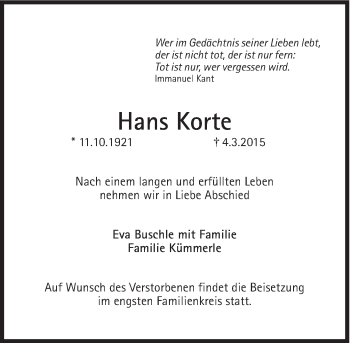 Traueranzeige von Hans Korte von Süddeutsche Zeitung