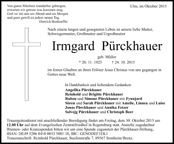 Traueranzeige von Irmgard Pürckhauer von Süddeutsche Zeitung