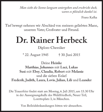 Traueranzeige von Rainer Herbeck von Süddeutsche Zeitung