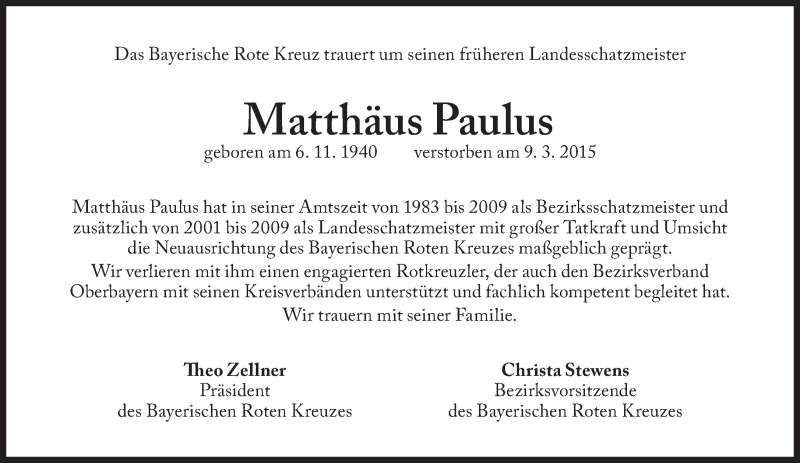  Traueranzeige für Matthäus Paulus vom 14.03.2015 aus Süddeutsche Zeitung