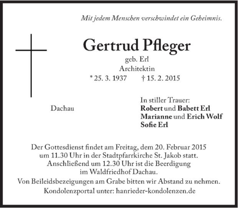  Traueranzeige für Gertrud Pfleger vom 18.02.2015 aus Süddeutsche Zeitung