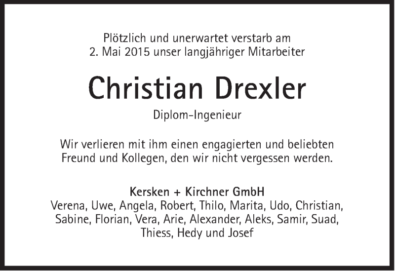  Traueranzeige für Christian Drexler vom 08.05.2015 aus Süddeutsche Zeitung