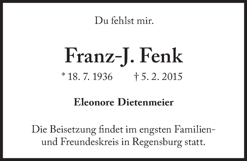  Traueranzeige für Franz Fenk vom 13.02.2015 aus Süddeutsche Zeitung