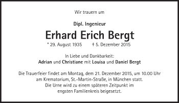 Traueranzeige von Erhard Erich Bergt von Süddeutsche Zeitung